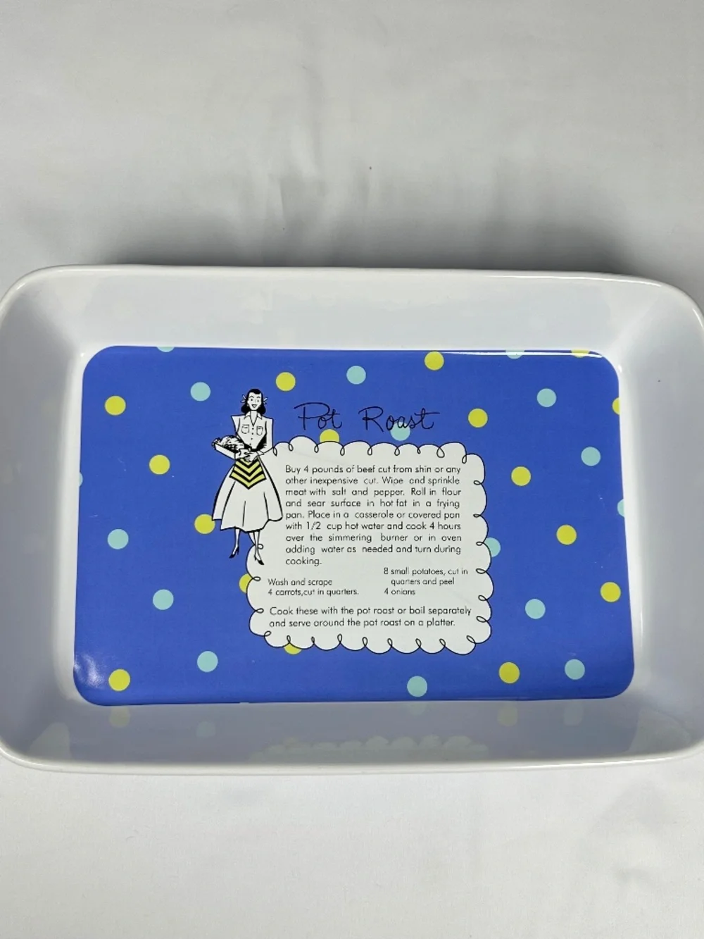 Rosanna Imports Pot Luck Casserole Dish Retro Polka Dot Ceramic Baker Blue White